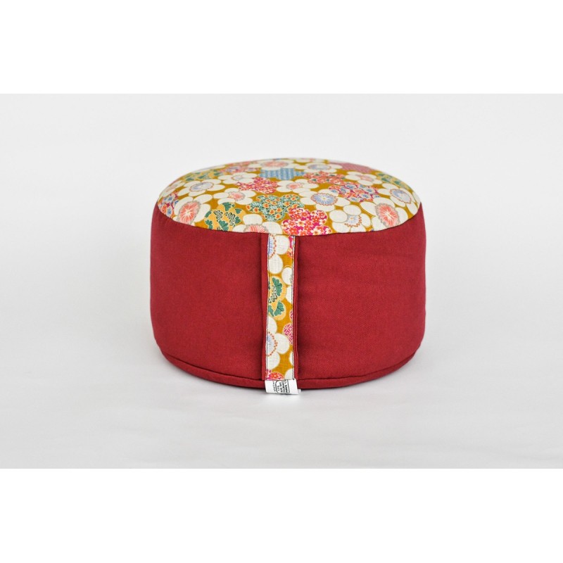 Zafu épeautre bio jonchée de fleurs, rouge, tissu japonais