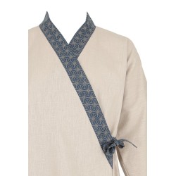 Ensemble samue, col Asanoha bleu, tissu rami, beige