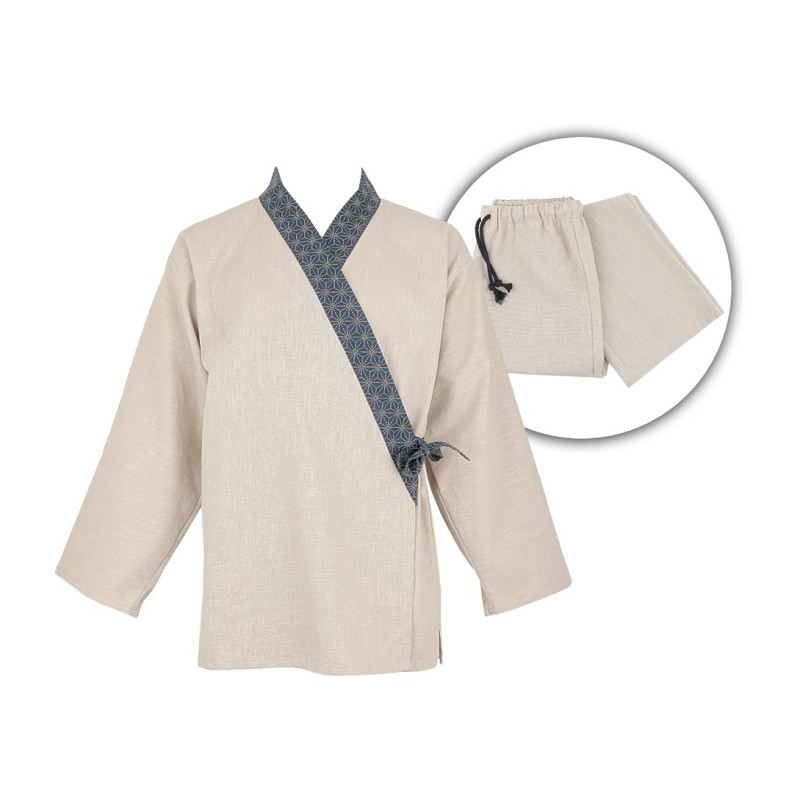 Ensemble samue, col Asanoha bleu, tissu rami, beige