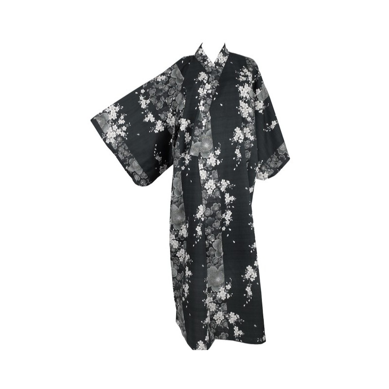 Yukata fleur de prunier fond noir et fleurs blanches